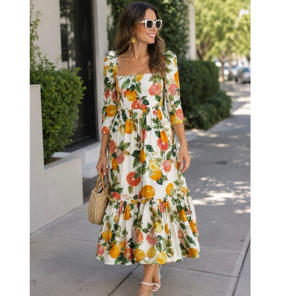 Cara Cara Blue Hill Midi Dress size 4 Fruit Cotton